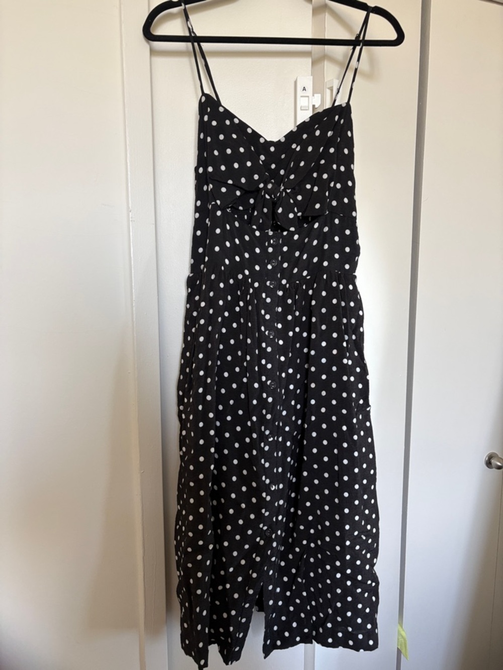 Black Polka Dot Spaghetti Strap Dress with bow front cut out